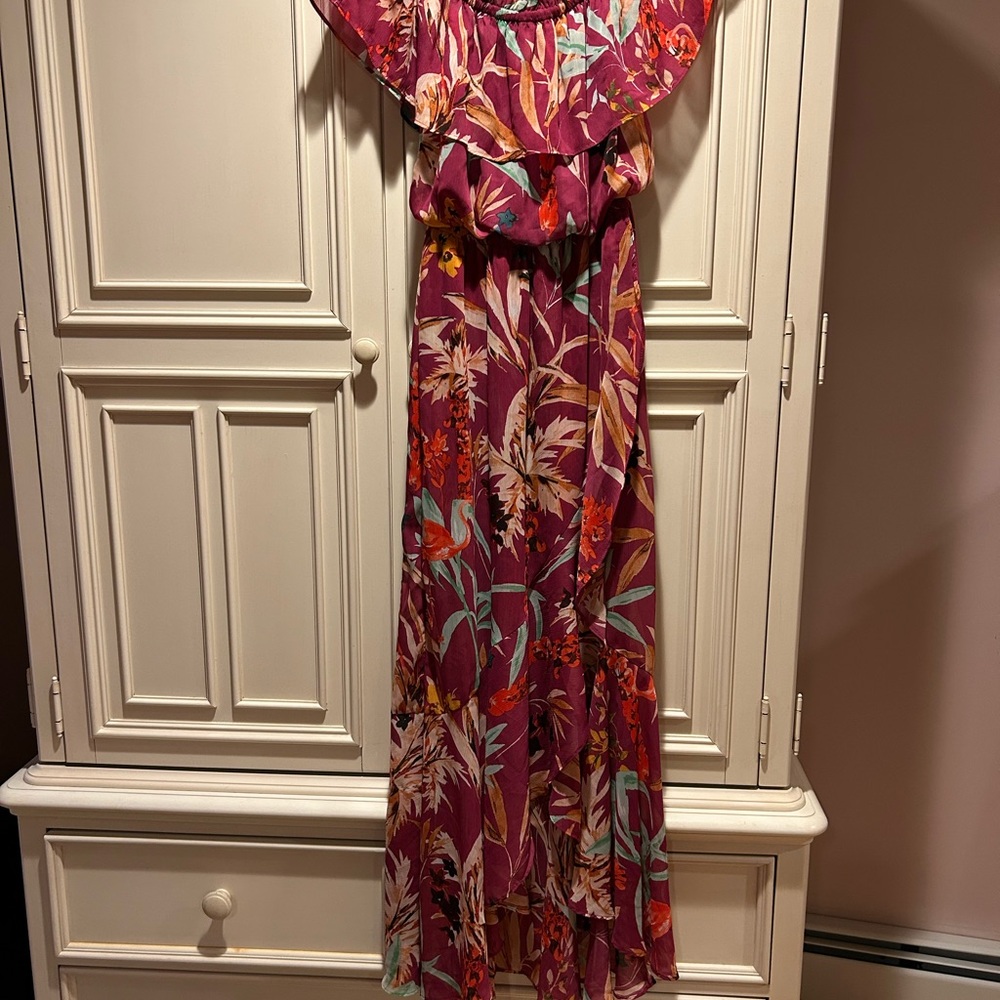 Express Red and Pink Ruffled Tie Front Maxi Dress